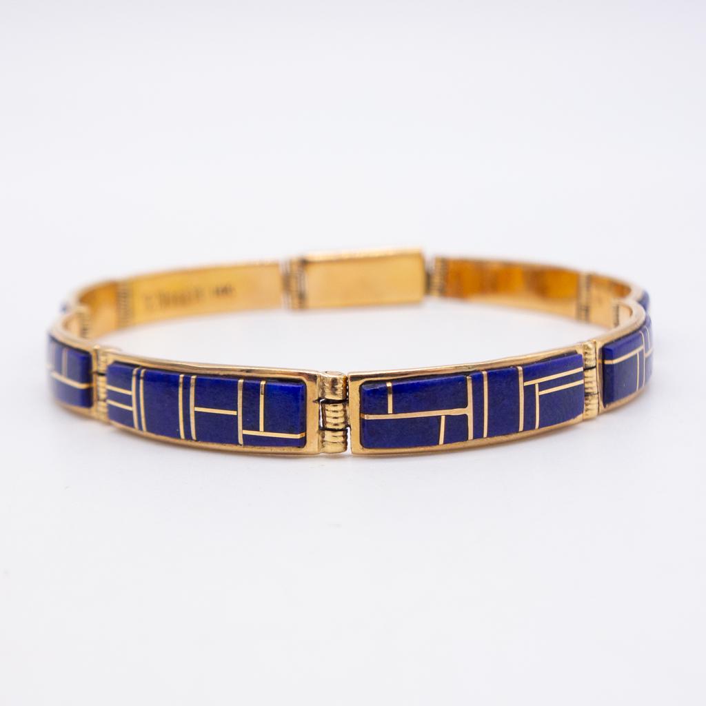 14K Gold Navajo Lapis Inlay Bracelet Signed R. Nessie (1 of 4)