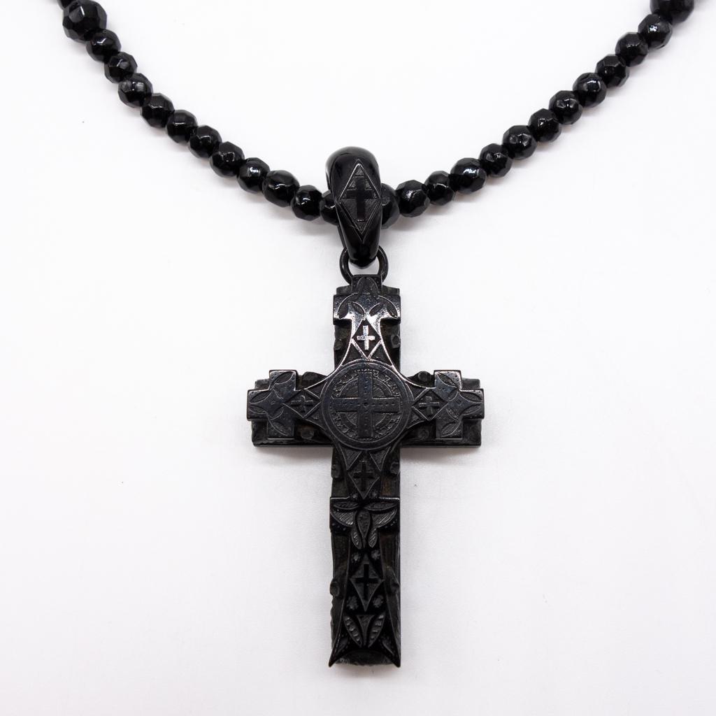 Antique Beaded Necklace Glass Bead Carved Jet Cross Pendant (1 of 4)