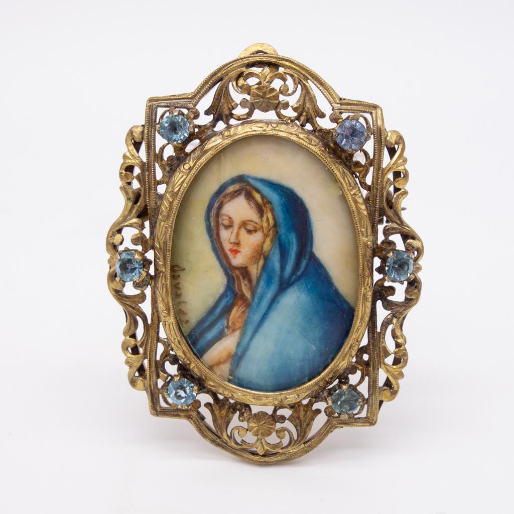 800 Silver Filigree Virgin Mary Mini Painting Brooch (1 of 3)