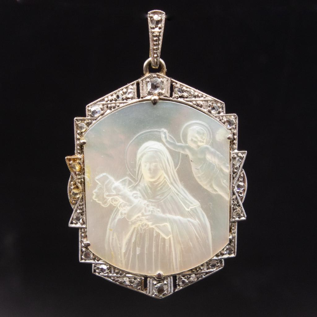 18K Gold Carved MOP Diamond Virgin Mary Scepter Pendant (1 of 3)