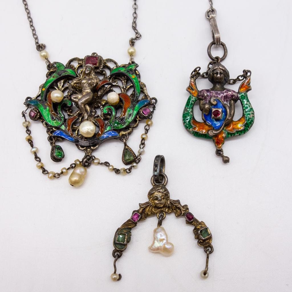 Antique Silver Lavalier Enamel Pearl Gemstone Necklaces (1 of 8)