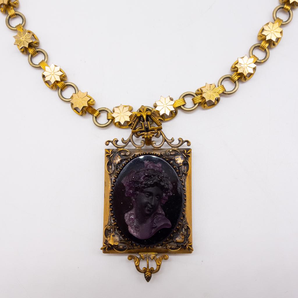 Renaissance Revival Gold GF Purple Glass Cameo Locket (1 of 6)