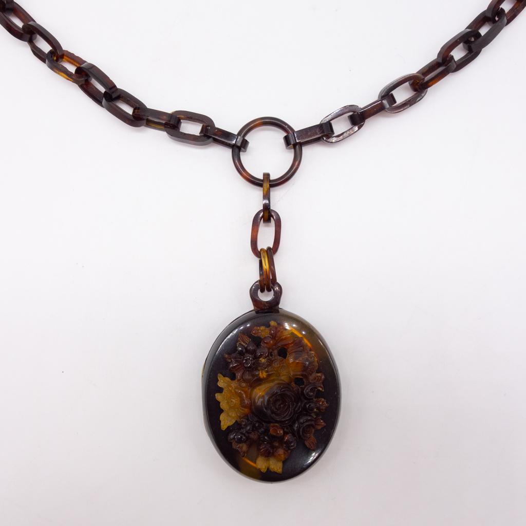 19c Faux Tortoise Shell Floral Locket Pendant Necklace (1 of 5)