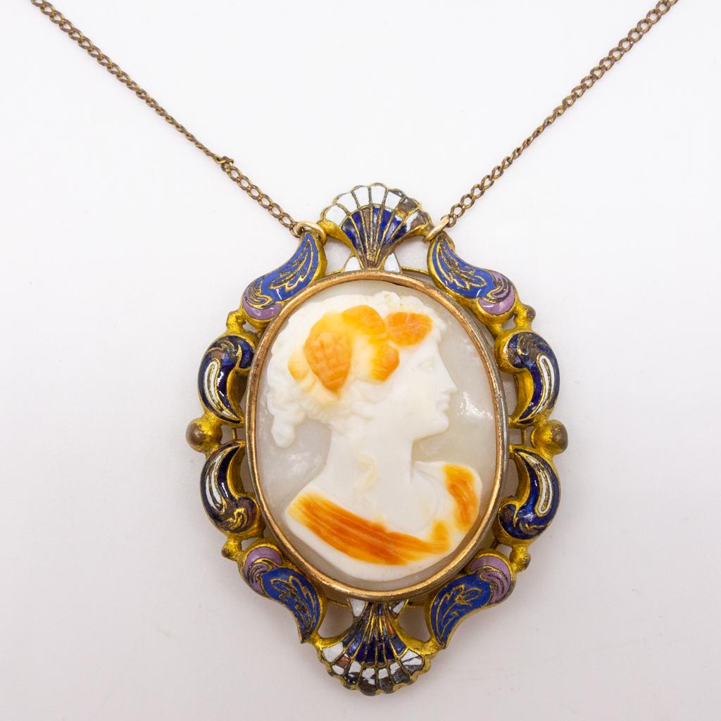 Antique Gold GF Carved Cameo Enamel Pendant Necklace (1 of 3)