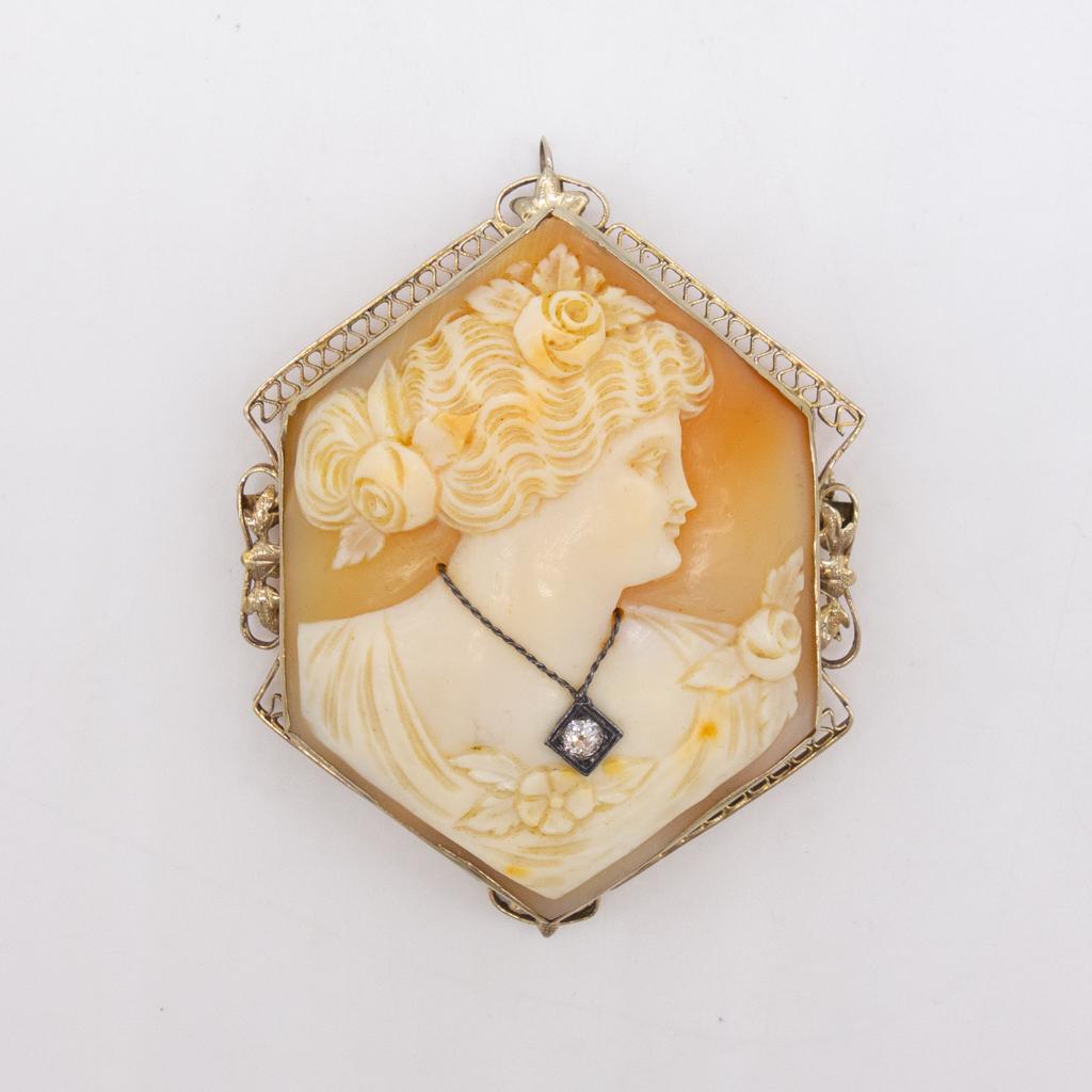 14K White Gold Filigree Cameo Diamond Pendant Brooch (1 of 3)