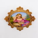 14K Gold Painted Porcelain Little Girl w Lamb Brooch