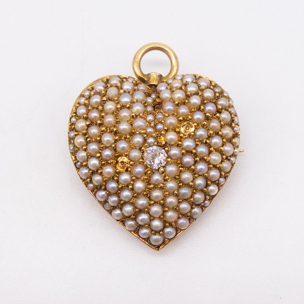 Antique 14K Gold Diamond Pave Seed Pearl Heart Brooch (1 of 3)