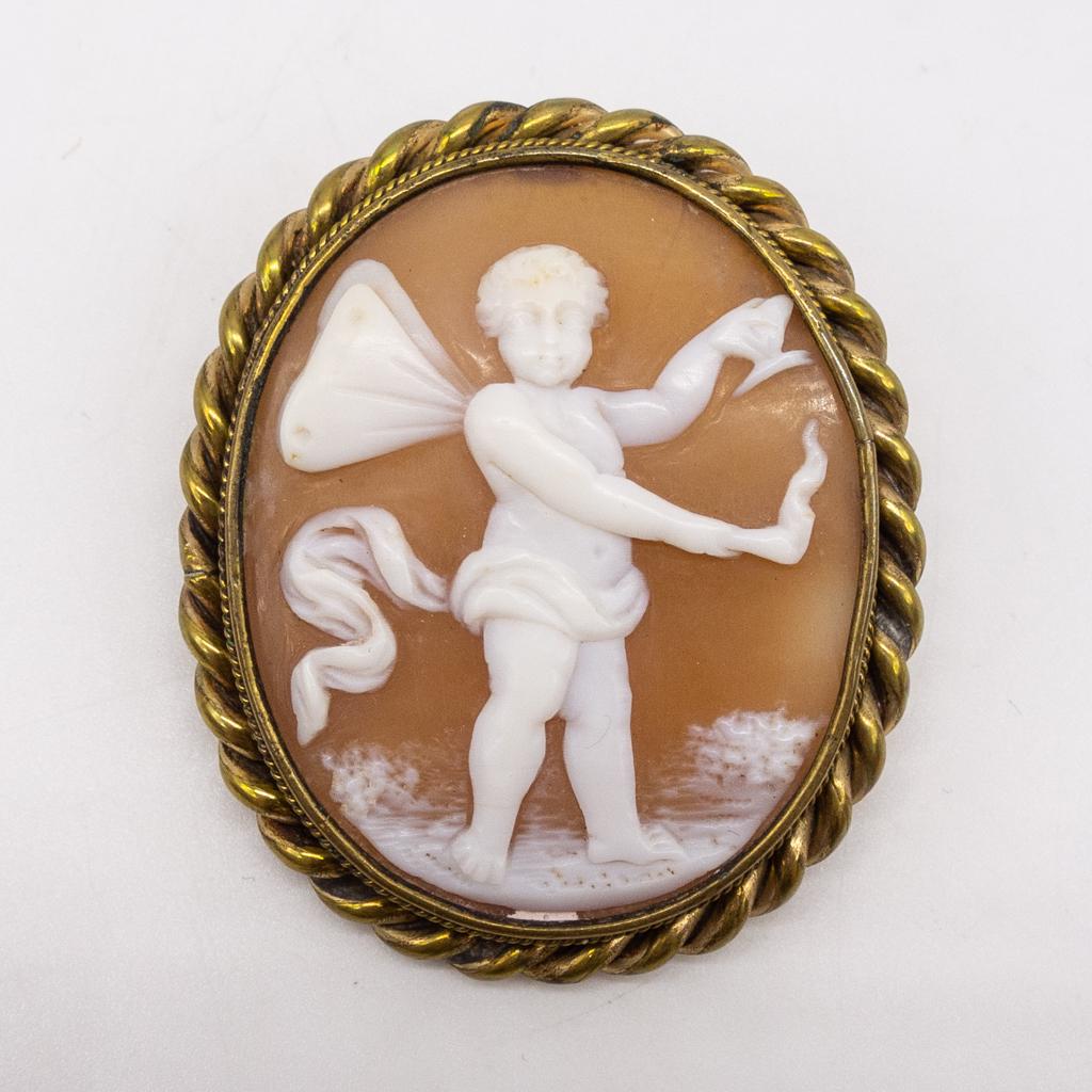 Antique Solid Gold Fairy Cherub Cameo Brooch Pin (1 of 3)