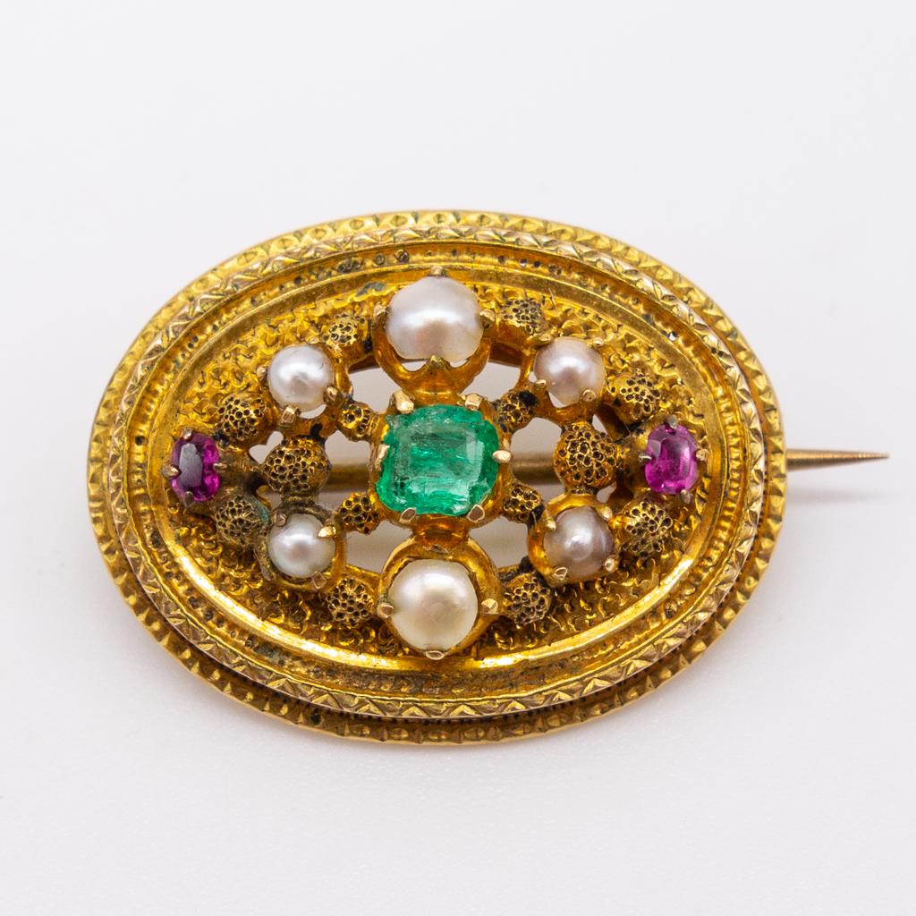 Antique 19c Emerald Ruby Seed Pearl 14K Gold Brooch (1 of 3)
