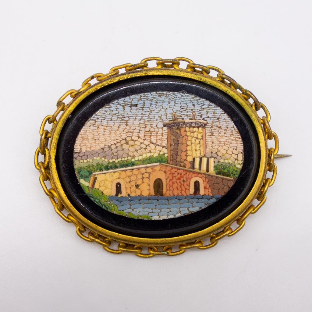 Antique Micromosaic Castle Landscape Brooch Pin (1 of 3)