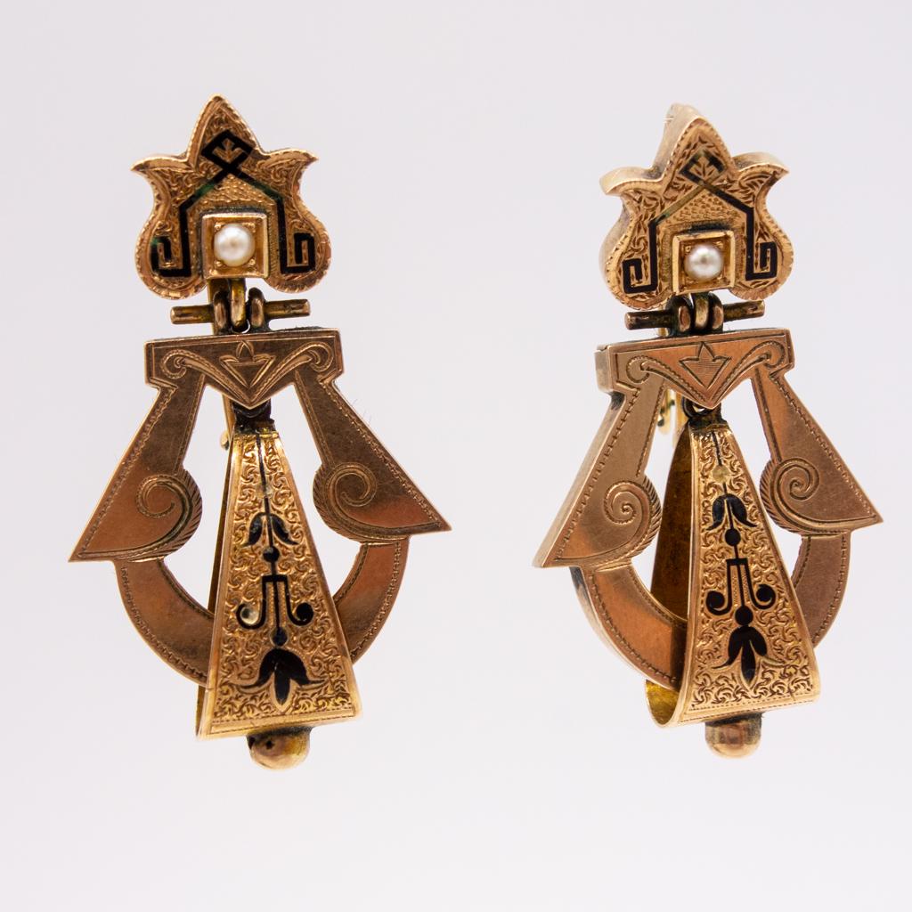 Antique Victorian 19c 14K Rose Gold Enamel Earrings (1 of 2)