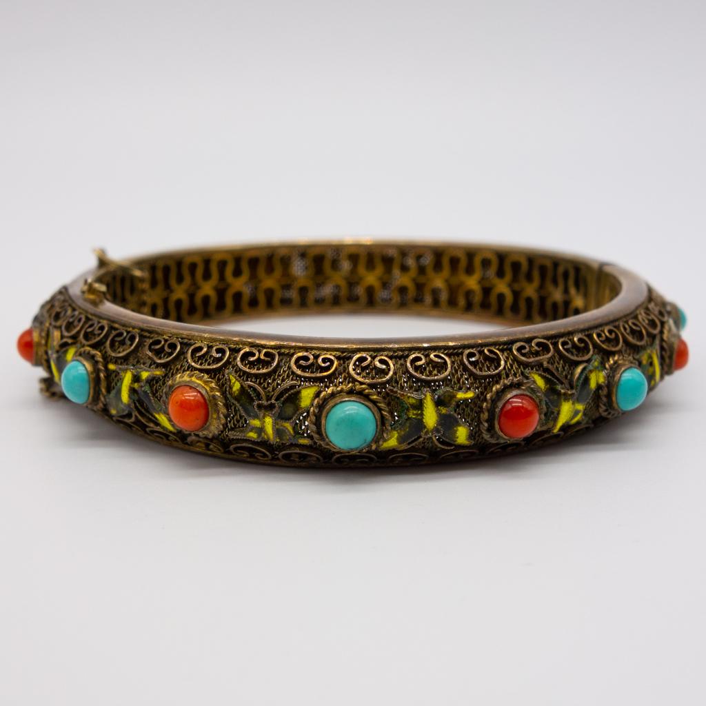 Chinese Silver Gilt Enamel Turquoise Coral Bracelet (1 of 3)