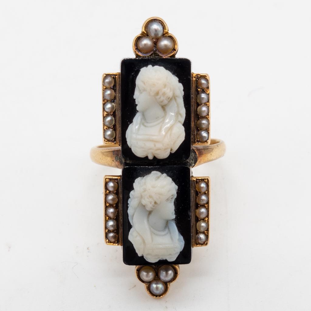 Antique 14K Gold Seed Pearl Double Hardstone Cameo Ring (1 of 5)