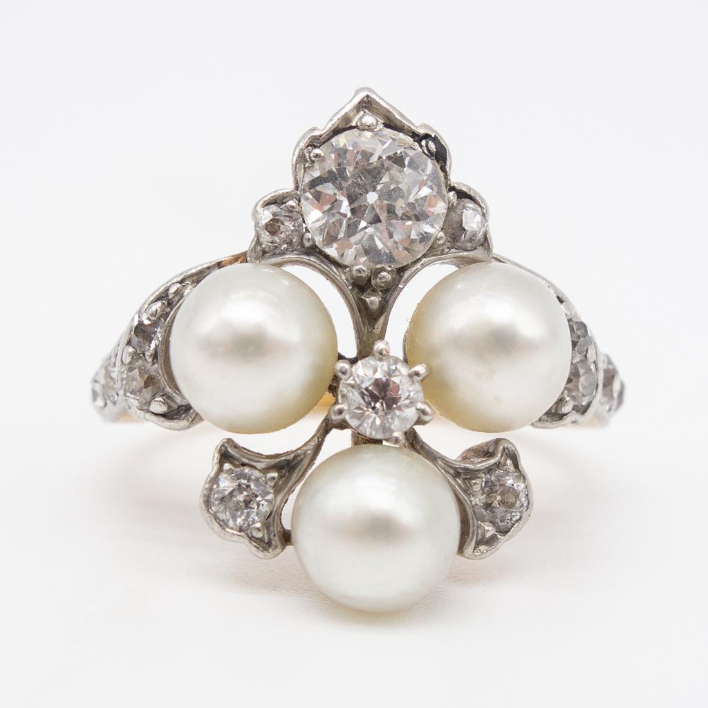 Edwardian Platinum 18K Rose Gold Diamond Pearl Ring (1 of 4)
