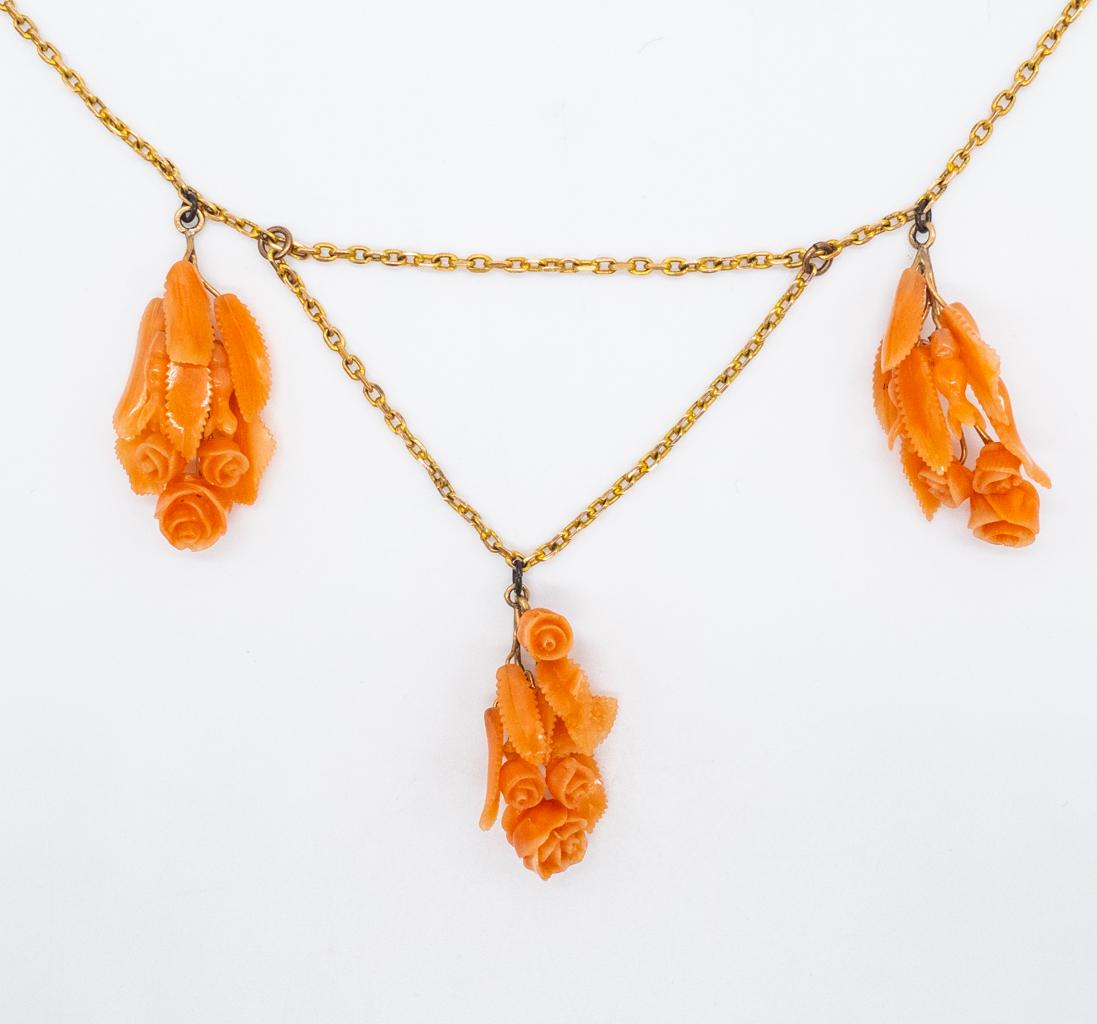Victorian 14K Gold Carved Coral Roses Lavalier Necklace (1 of 5)