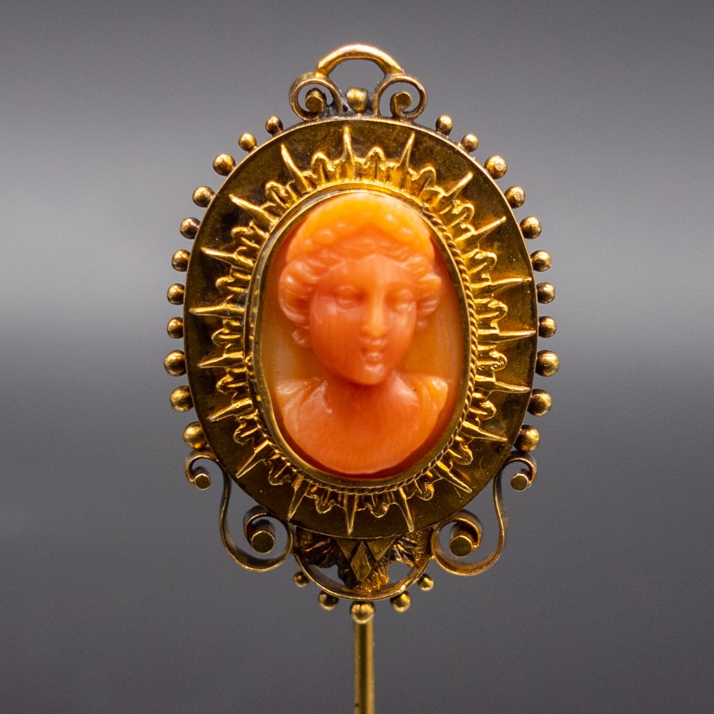 14K Gold Renaissance Revival Coral Cameo Stickpin (1 of 3)
