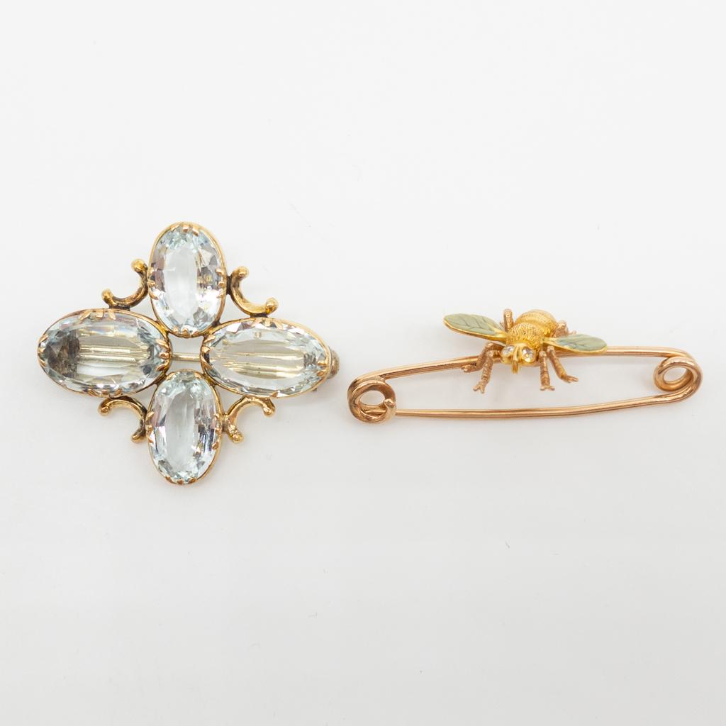 Antique 14K Gold Enamel Insect Brooch, Aquamarine Pin (1 of 6)