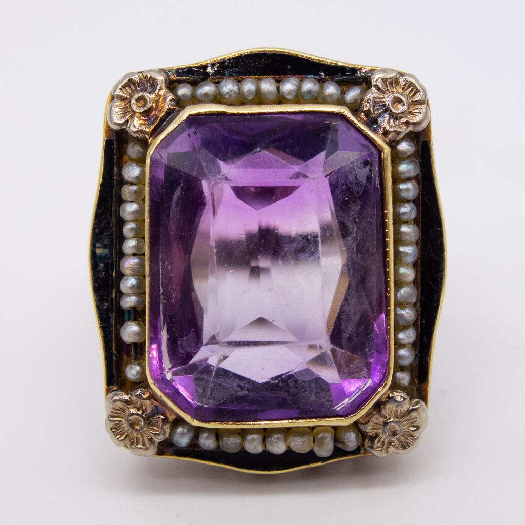 Art Deco 14K White Gold Amethyst Seed Pearl Enamel Ring (1 of 7)