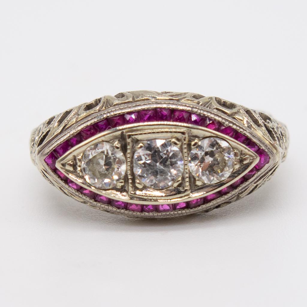 Art Deco 18K White Gold Diamond Natural Ruby Ring (1 of 6)