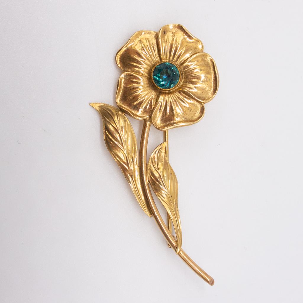 Retro Solid Rose Gold Natural Blue Zircon Flower Brooch (1 of 3)
