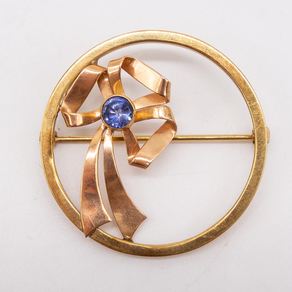 Vintage Retro 14K Rose Gold Blue Zircon Bow Circle Pin (1 of 3)