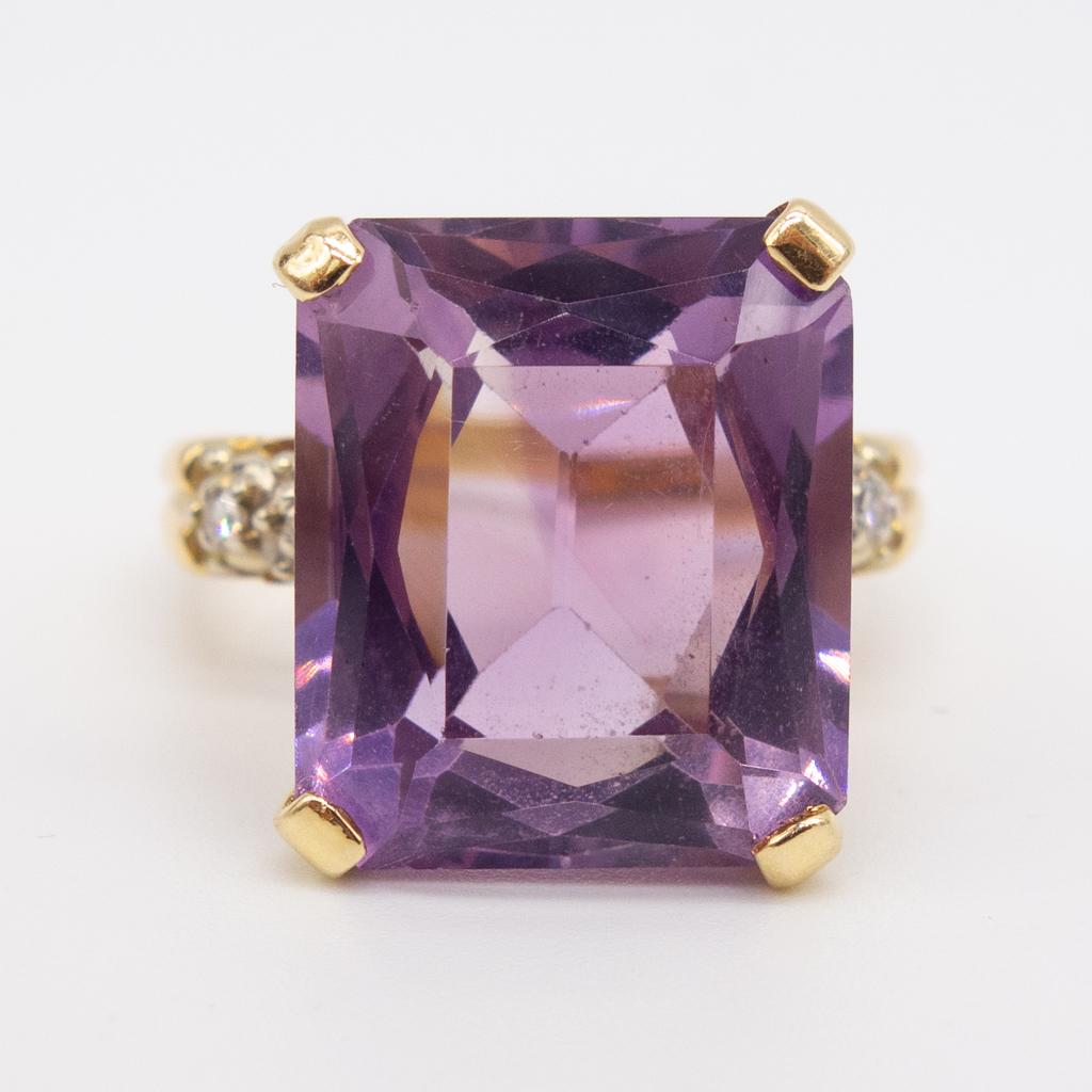 Vintage Retro 14K Yellow Gold Lg Amethyst Diamond Ring (1 of 5)