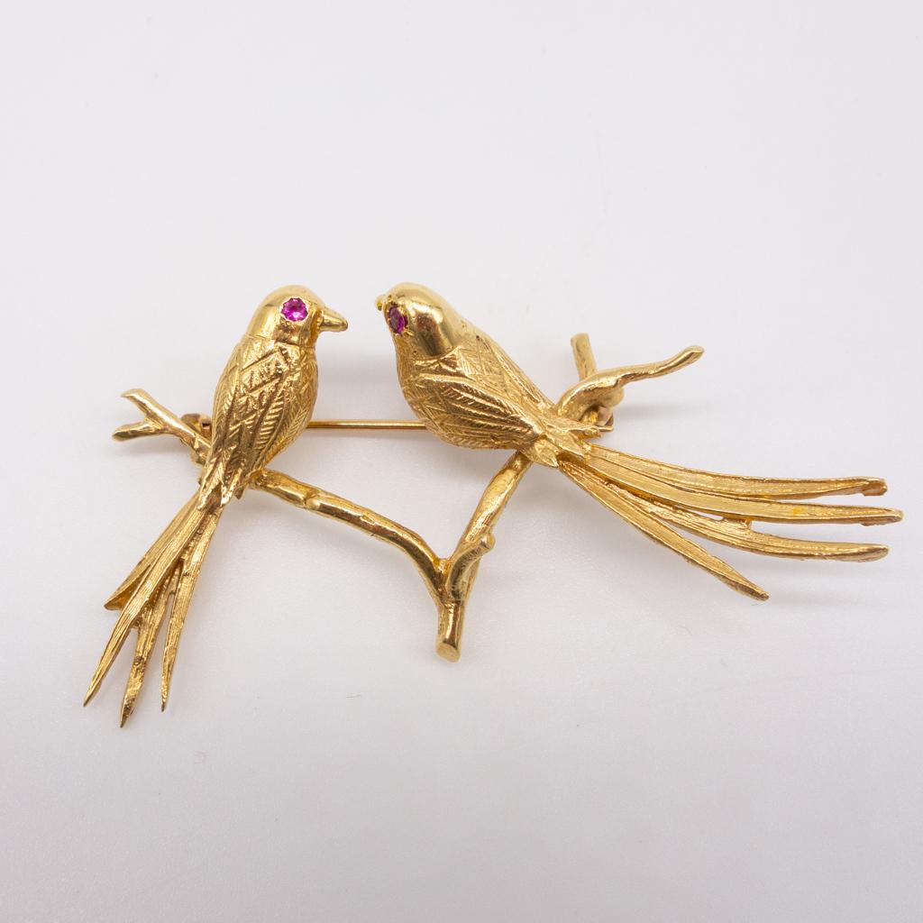 Vintage 1950s/60s 14K Gold Ruby Lovebirds Brooch Pin (1 of 2)