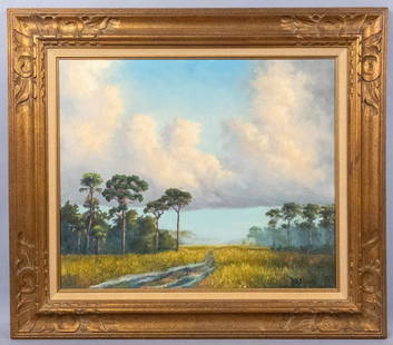 Signed Don D Brown Florida Landscape Oil Painting: This is an original signed oil painting by Don D Brown (American, Post War). The framed painting features a vivid Florida landscape. The frame is 32 1/4" x 28" and the sight is 23 1/2" x 19 1/2".