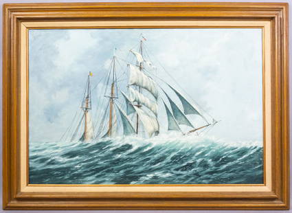 Henry Luhrs Belgian Ship Mercator Nautical Painting: This is an original oil painting on canvas board by Henry Luhrs (American, 1897-1964). The nautically themed painting is titled Mercator featuring a German school ship navigating some rough seas.