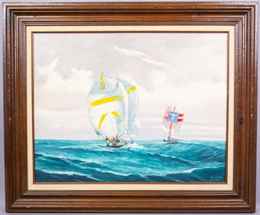 Signed Henry Luhrs Nautical Oil Painting Getting Close: This is an original signed oil painting on canvas board by Henry Luhrs (American, 1897-1964). The nautically themed painting is titled Getting Close and features two sailboats racing in some rough