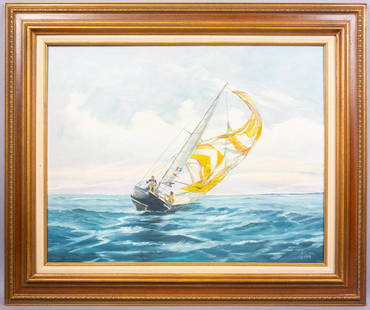 Signed Henry Luhrs Nautical Oil Painting Lost Control: This is an original signed oil painting on canvas board by Henry Luhrs (American, 1897-1964). The nautically themed painting is titled Lost Control and features a racing sailboat in some rough seas.