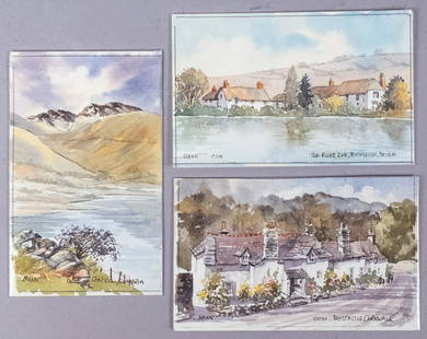 3 Martin Goode Watercolor England Country Paintings: This is a lot of three original watercolor paintings by Martin Goode (British 1932-2002). The postcard size paintings feature scenes from around the English countryside including Cumbria, Devon, and