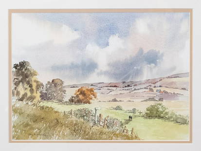 Martin Goode Watercolor Painting A Walk in the Dales: This is an original watercolor painting by artist Martin Goode (British, 1932-2002). Titled A Walk in the Dales, this framed painting features a bucolic landscape with sunbeams piercing through rain