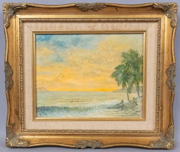Oil Painting Signed Jackson Kitson Sunset Beach Scene: This is an original oil painting on canvas covered board by Jackson Kitson (American, 20th Century). The seascape features a sunset beach scene with waves lapping the sandy beach. Fishermen pull in a