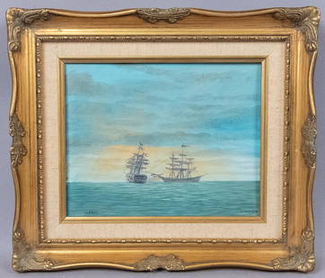 Original Oil Painting Signed Jackson Kitson Seascape: This is an original oil painting on canvas covered board by Jackson Kitson (American, 20th Century). The seascape features a sunset scene with two ships under sail on the horizon. Titled Cofresi.