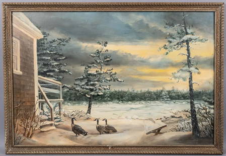 Signed Jackson Kitson Cape Cod Drummer Cove Painting: This is an original oil painting on board by Jackson Kitson (American, 20th Century). The Cape Cod landscape features a snowy scene with geese at the steps of a riverside cottage. Titled Drummer