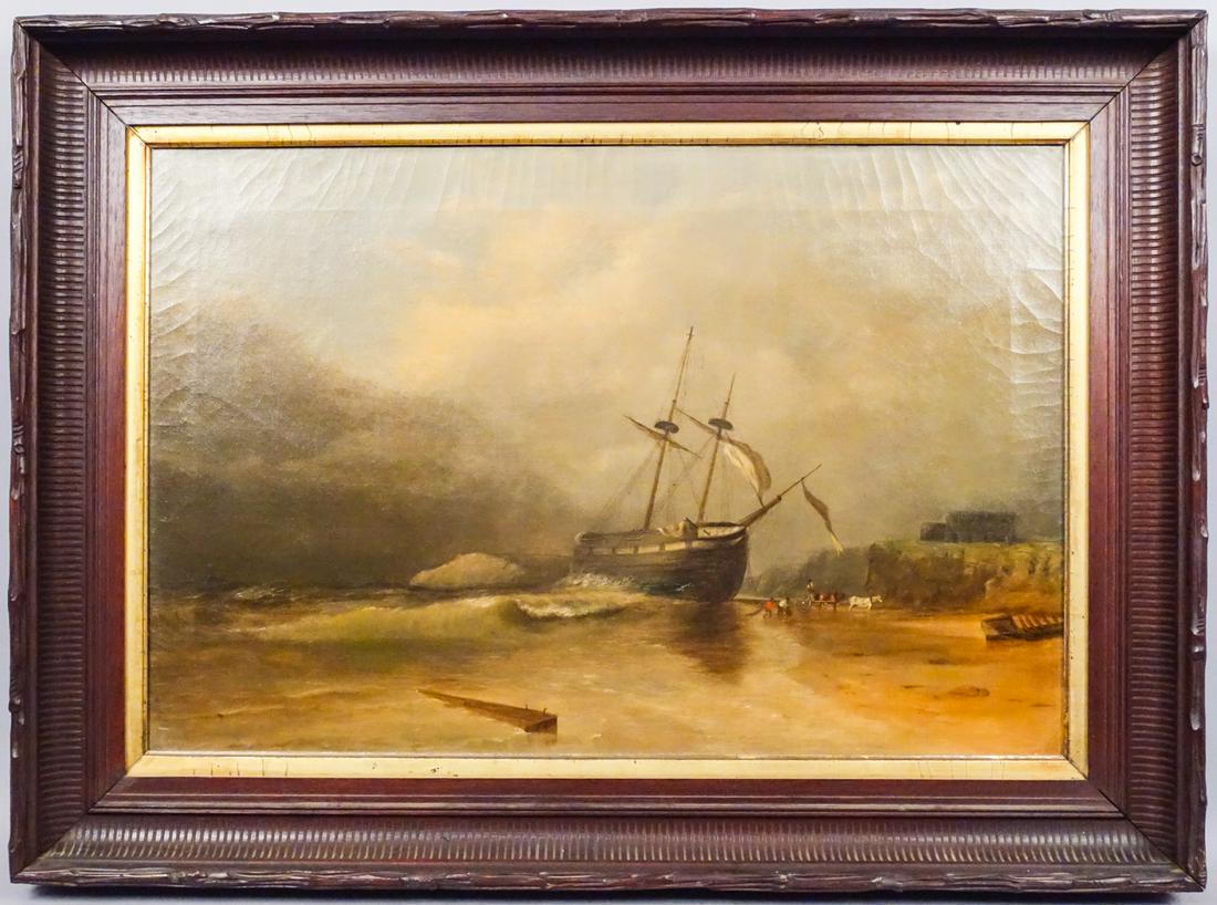 Seascape w Ship and Figures Oil Painting Signed Hubbard: This is an antique oil painting on canvas signed "Hubbard". The framed painting depicts a seascape scene with a rough seas pushing a ship to shore. There are figures on the beach. The painting may be 
