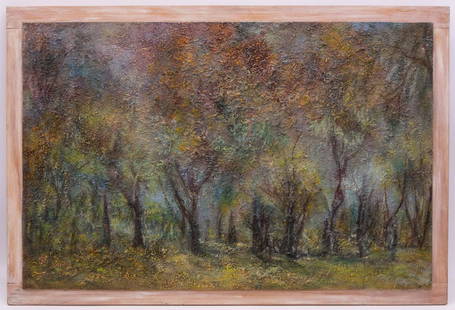 Signed Ruth Todd Impressionist Painting Trees Landscape: This is an original painting on canvas by Ruth Todd (American, 1909-2006). This soulful and colorful Expressionist painting depicts a stand of trees. Framed. The frame is 30 x 2 1/4". The board is 27