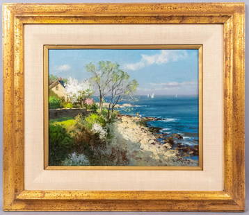 Paul Strisik Painting Marmion Way, Spring Rockport Mass: This is an original oil painting on canvas covered board from artist Paul Strisik, N.A. (American, 1918-1998). With works rendered primarily in the Impressionist style, Strisik painted in both oil