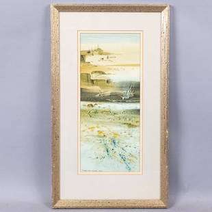 Robert Eric Moore Spring Clam Diggers Watercolor Ptg: This is an original watercolor painting by Robert Eric Moore, AWS (American, 1927-2006). Titled Spring Clam Diggers, this painting depicts a charming beach scene with figures in the distance digging