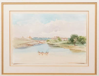 Edward Cabot Orig Watercolor Ptg View of Gloucester: This is an original watercolor painting by artist Edward Clarke Cabot (American 1818-1901). Cabot was an architect and watercolor painter. He designed the new building for the Boston Athenaeum