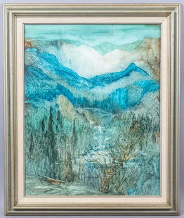 David Curtis Baker Vitreous Flux Mountain Ski Painting: This is an original snowy mountain landscape painting by artist David Curtis Baker (American, 1915-1999). In 1961, David invented a new medium/watercolor technique he called "Vitreous Flux", which