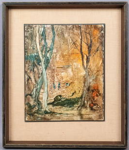 David Curtis Baker Vitreous Flux Landscape Painting: This is an original wild landscape painting by artist David Curtis Baker (American, 1915-1999). In 1961, David invented a new medium/watercolor technique he called "Vitreous Flux", which added more