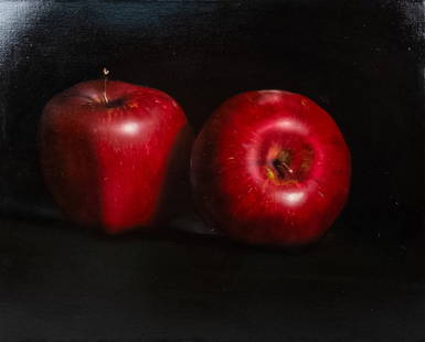 Tom Seghi Original Oil on Canvas Still Life Apples: This is an original oil painting on canvas by artist Tom Seghi (American, b. 1942). The still life painting features two red apples set against a black backdrop. The light and details are