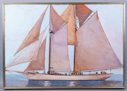 Dahl Taylor Spirit of Massachusetts Schooner Painting: This is an original oil painting on canvas by artist Dahl Taylor (American, 20-21st Century). In a career spanning over 30 years, Taylor has concentrated on illustration assignments for national