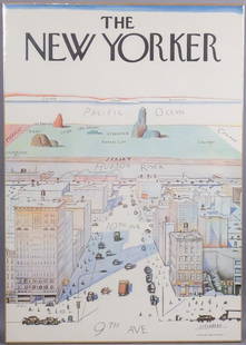 Steinberg View of the World from 9th Ave NYC Poster: This is a vintage poster titled View of the World from 9th Avenue by The New Yorker artist Saul Steinberg (Romanian/American 1914-1999). The drawing originally appeared as The New Yorker cover, March
