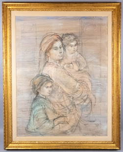 Edna Hibel Lg Original Oil Painting Mother and Children: This is a large original oil painting on silk mounted on board by Edna Hibel (American, 1917 to 2014). The mid-century painting depicts a portrait of a young mother with her two children. Signed on th