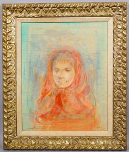 Edna Hibel Unique Lithograph Oil Ptg Woman in Shawl: This is an original and unique lithograph and oil painting mounted on board by Edna Hibel (American, 1917 to 2014). The mid-century painting depicts a portrait of a woman in a shawl. Signed on the low