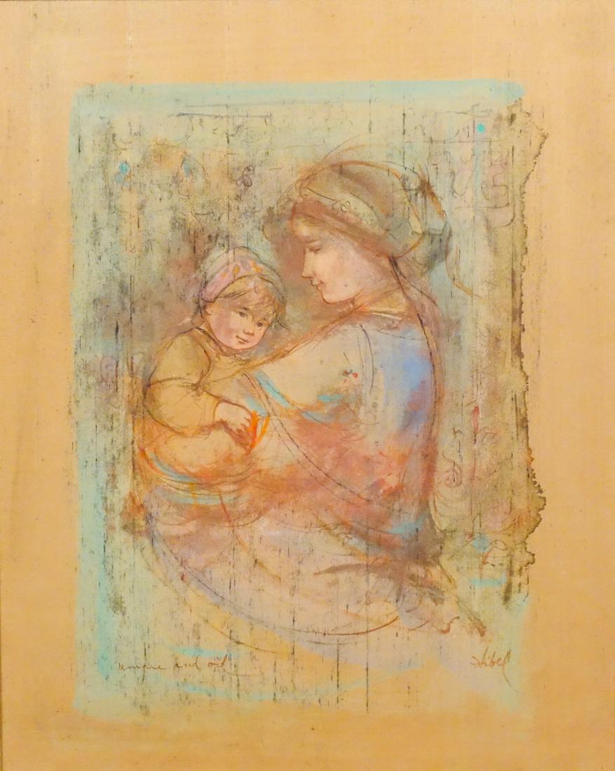 Edna Hibel Unique and Oil Painting Mother and Child: This is an oil painting on fabric mounted on board by Edna Hibel (American, 1917 to 2014). The mid-century painting depicts a portrait of a mother and child. Signed on the lower right corner. Framed. 
