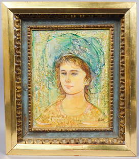 Edna Hibel Painting on Board Portrait of Young Girl: This is a vintage original oil painting on board by Edna Hibel (American, 1917 to 2014). The mid-century painting depicts a portrait of a lovely young girl. Signed on the lower right corner. Framed. P